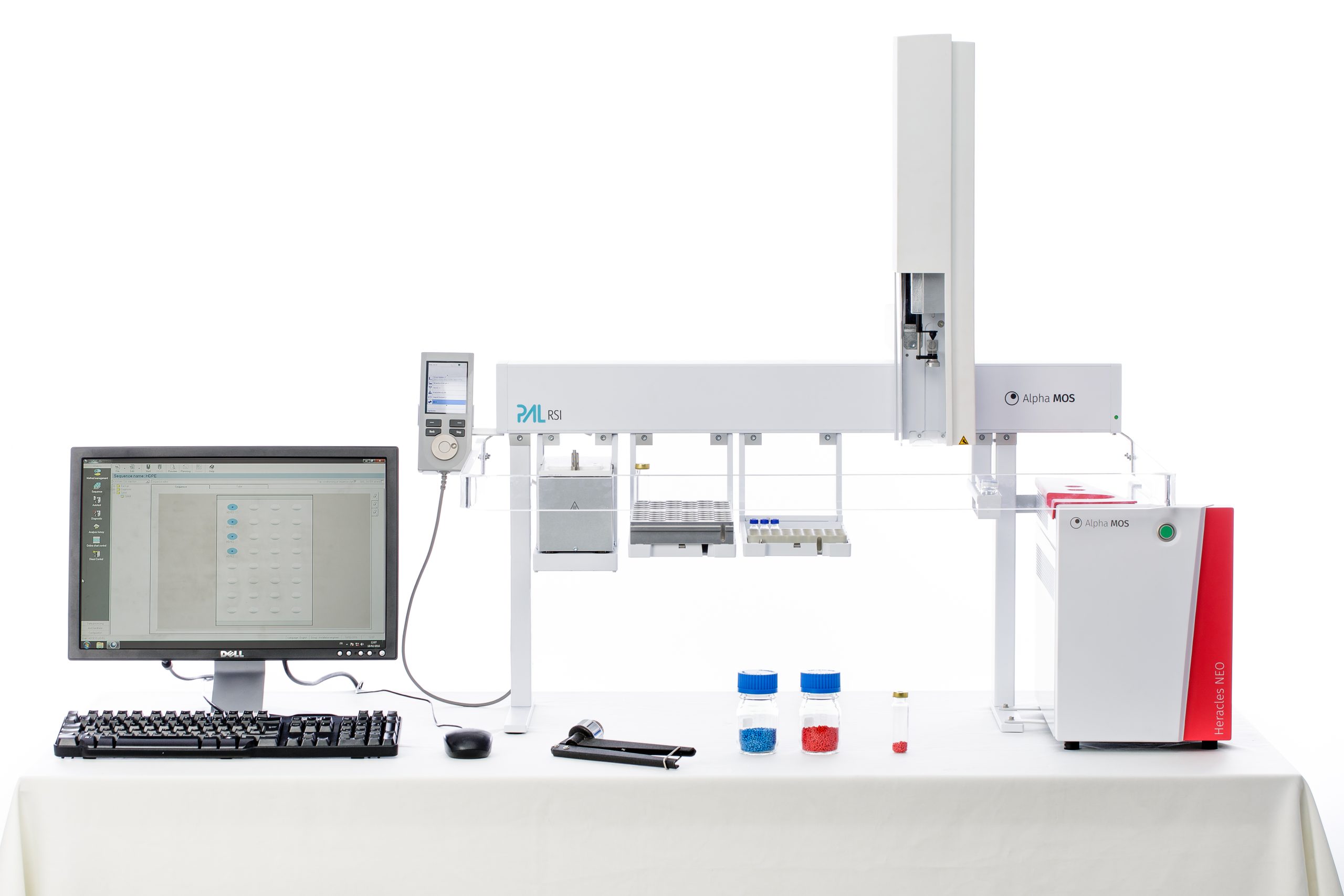 heracles neo von alpha mos - elektronische nase, olfaktometer und gaschromatograph mit autosampler und computer.