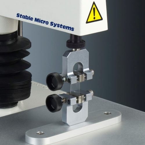spannbacken für den texture analyser von stable micro systems zum einspannen von proben für zugversuche in der materialprüfung.
